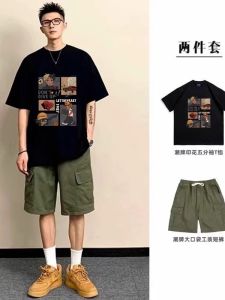 เสื้อยืดแขนสั้นผ้าฝ้ายแท้สไตล์อเมริกันสำหรับผู้ชาย ชุดลำลองฤดูร้อน ทรงหลวม ขาสั้น ทรงวินเทจ เสื้อยืดคอกลม