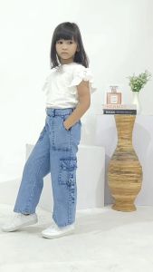 Celana Jeans Cargo Kulot Anak Perempuan Usia 5-17 Tahun