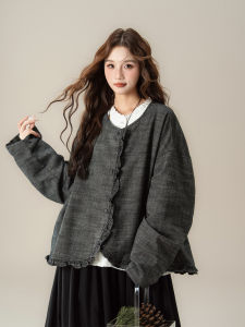 Nurture One | Blue Retro Japanese Style Wooden Ear Patchwork Long Sleeve Blouse