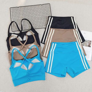 Womens Yoga Fitness Set Side Stripe Short Pants Shock Absorption Comfortable Nylon Fabric Moisture Wicking Quick Dry Breathable