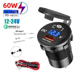 60W PD QC3.0 Ổ Cắm Sạc Ô Tô Đồng Hồ Đo Điện Áp Sạc Nhanh 3.0 Ổ Cắm Điện Cho Xe Máy Xe Tải Thuyền 12V/24V