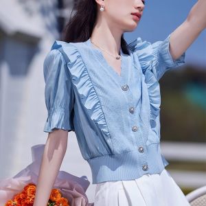 WANGGONGZHU | French Lace Trim Chiffon Shirt Women Summer New V-neck Splice Bubble Sleeve Top Hollow Out Design Princess Style Polyester Nylon