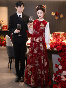 Red Wedding Dress New Chinese Style Cheongsam Bridal Gown for Wedding Engagement Party Fashionable Embroidered mid Waist a Line Skirt