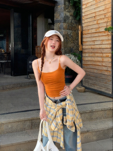 SHUOMENG | Orange Padded Strap Tank Top Short