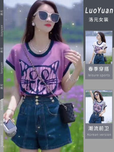 เสื้อยืดแขนสั้นผู้หญิง ทรงหลวม สไตล์เกาหลี ลายพิมพ์ ผ้าโพลีเอสเตอร์ ความยาวปกติ เสื้อเชิ้ตแฟชั่นฤดูร้อน