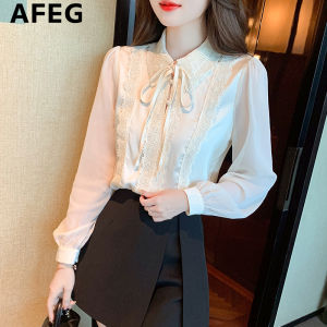 AFEG new Korean style shirt collar bow fashion loose all-match professional chiffon long-sleeved blouse for women