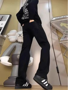 กางเกงยีนส์ทรงตรงบุขนแกะสีดำสำหรับผู้ชาย กางเกงขายาวทรงหลวมสไตล์ย้อนยุคสไตล์อเมริกัน กางเกงขายาวทรงตรงสำหรับฤดูใบไม้ร่วงและฤดูหนาว