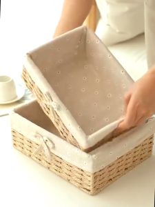 Handmade Rattan Storage Basket Desktop Sundries Toys Fruit Snacks Organizer Multifunction Fabric Storage Box Home Decor