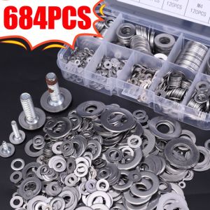684PCS/Set 304 Stainless Steel Flat Washers Round Corrosion Resistant Bolt Fixing Washers M2 M2.5 M3 M4 M5 M6 M8 M10 M12 Suitable for Car Industry Maintenance Accessories