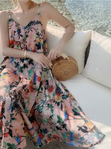 V Neck Retro Color Dress Ins Super Popular Strap Sanya Style Beach Dress Super Girl Seaside Holiday Beach Dress