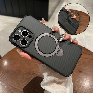 Umj 360° Rotating Magnetic Absorption Phone Case for iPhone 16 pro Carbon Fiber Texture Black Protective Cover for Men And Women