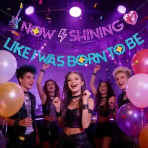 1Set "Now Shining Like I Was Born To Be" Paper Banner for Neon Themed Birthday Music Party Birthday Party Supplies