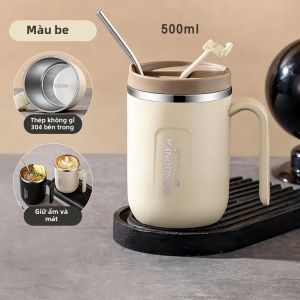 Cốc Cà Phê Bằng Thép Không Gỉ Cách Nhiệt Di Động 500ml Có Ống Hút Và Tay Cầm Dùng Cho Văn Phòng Và Du Lịch Đựng Nước Trà Sữa