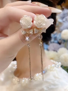 Elegant Long White Flower Tassel Earrings French Vintage Silver Needle Ear Jewelry Fashionable Plant Floral Womens Accessories