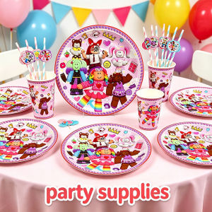 Roblox | Robloxed Pink Creative Theme Disposable Tableware Set Paper Plates Cups Flag for Festival Decoration and Birthday Party Supplies