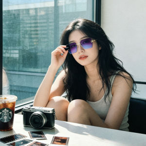 1pcs Womens Rimless Beveled Square Sunglasses Metal Frame Ocean Blue Lenses