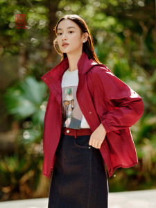 EP YAYING High-End Series 100% Mulberry Silk Red Hooded Windbreaker Jacket Womens Loose Fit Long Sleeve Coat for Autumn Winter