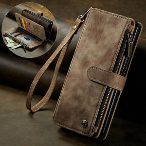 Vintage Suede Z Fold 5 6 7 Wallet Case Leather Flip Cover Multi-Card Holder Zip Pouch Samsung Galaxy Z Fold 7 Casing Full Body Shockproof Protective Wristlet Phone Case with Strap