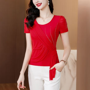 Yimei Áo Sơ Mi Ngắn Tay Nữ thời trang có Áo lưới cổ tròn ôm vừa và đỏ nổi bật với áo thun đính kim cương sành điệu dành cho mẹ