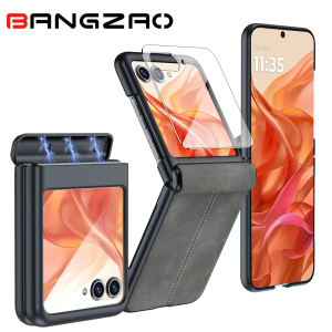 Leather Case for Motorola Razr 50 / 60 / 70with Hinge Protection Built-in Screen Protector Slim Shockproof Cover-Grey