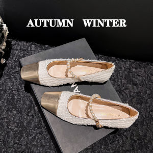 French Elegance Flat Bottom Mary Jane Shoes Womens Summer Fashion Pearled Buckle Diamond Spotted Ultra-Fine Fiber Lined Flats