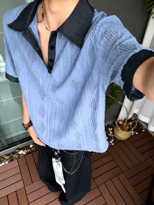 CHENMU | Hazy Blue Openwork Polo Shirt Short Sleeves