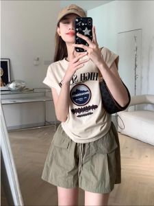 Summer Short Sleeve T-Shirt Women Loose Slim Fit Letter Print Shoulder Design Irregular Hem Drawstring Short Top