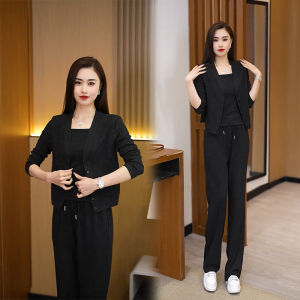 ชุดสามชิ้นผู้หญิง 2024 ฤดูใบไม้ผลิและฤดูใบไม้ร่วง กางเกงขายาวทรงหลวม ทรงสลิมฟิต ยืดหยุ่น สวมใส่สบาย แฟชั่นลำลอง