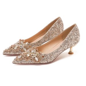 French Style Wedding Dress High Heels Women Low Heel Pregnant Crystal Shoes Gold Wedding Shoes New Model 2024 Elegant Fashion