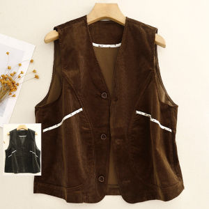 Retro Design Patchwork Corduroy Vest Jacket Loose V-neck Sleeveless Womens Spring Autumn Outerwear Layering Fashion
