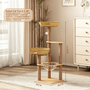 Natural Rattan Cat Tree Tower Multi-Level Cat Condo with Scratching Posts Perch & Cozy House for Indoor Cats