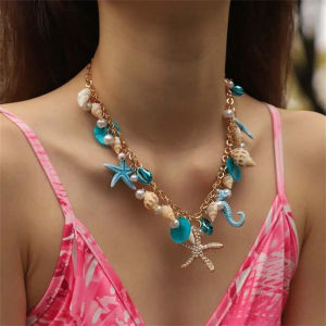 Boho Starfish Shell Conch Pendant Necklace for Women Trendy Pearl Seahorse Beaded Metal Chain Choker Summer Beach Party Jewelry