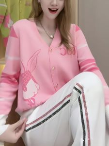 Pink Open Cardigan Sweater Womens Loose Comfortable Outerwear Knitted Top Trendy Autumn New Style Soft Cozy V-neck Long Sleeve