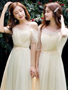 Champagne Color Maids Dress Luxury Performance Hostess Evening Gown A-Line Skirt Embroidered Korean Style Polyester Fiber