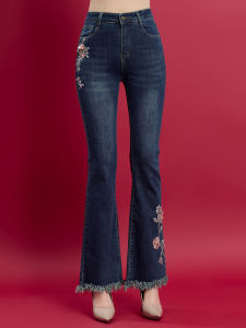 Fashionable High Waist Long Jeans Womens Deep Blue Denim Pants Embroidered Beaded Washed out Style Spring Autumn Seasonal Wear