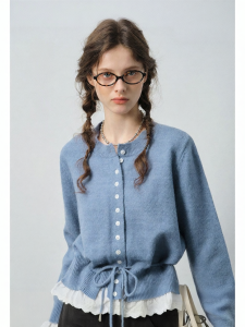 VEGA CHANG | Áo Cardigan Nữ Phong Cách Hàn Quốc Tay Dài Cổ Tròn Điểm Ren