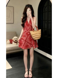 NIUVIES | French Red Floral Summer Short Dress For Petite Slim Fit Beach Style