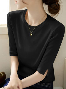 Spring Autumn New Style French round Neck mid Sleeve Knitted Loose Fit Shoulder Five Sleeve Black Top Soft Comfortable Commute Casual