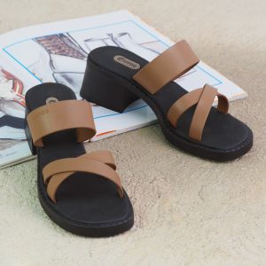 Sendal Kondangan Perempuan Terkini Camou Diana Brown Hak Tahu 5 cm Karet Elegan
