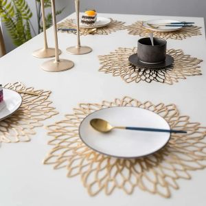 Hibiscus Flower Placemat for Dining Table Hollow Pad Coaster Pads Table Bowl Mats Gold Dining Table Mat Non-slip insulation