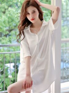 Comfortable Ice Silk Sleep Dress Womens Shirt Style Summer Thin Large Size Slip-On Long Sleeve One-Piece Sleepwear Luxury Home Clothes