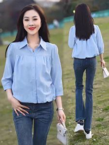 Fashionable Womens Spring Summer Loose Fit Short Sleeve Chiffon Shirt Stylish Korean Style Polyester Fiber Blend Five-Button Closure