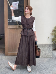 Caramel Vintage Waist-Cinching Vest Skirt Set Three-Piece Womens Autumn 2025 Fashion Sensation Matures Style Ensemble