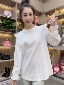 Sweet Lace Splice Long Sleeve T-Shirt Womens Style Casual Commute Korean Loose Fit Solid Color Winter round Neck Midi Top
