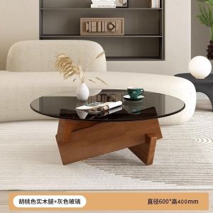 Nordic Style Glass Coffee Table round Modern Simple Design Living Room Tea Table Real Wood Small Household Creative Design