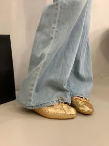 SENYUMI | Genuine Leather Bow Gold Sequins Flat Shoe