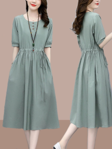 Summer Womens Dress Thin Cotton Linen Waist-Cinching Long Skirt Fashionable Necktie Korean Style Pure Color Warm Control