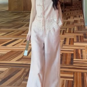Fashionable Summer Outfit for Women Qi Dawns Chinese Style No-Sleeve Button-Up Top With High Waist Wide Leg Pants