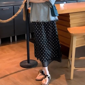 กระโปรงสั้นเอวสูงลายจุดสีดำ ผ้าไนลอน ทรงเอ กระโปรงทรงเอ เอวสูง แฟชั่นฤดูร้อน กระโปรงสั้นสไตล์เกาหลี