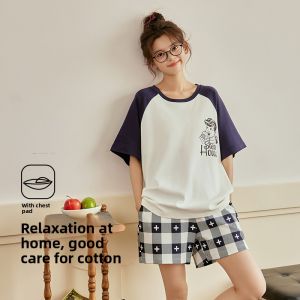 MiiOW | Cat Woman Summer New Sleepwear Set Pure Cotton Cool Feeling Short Sleeve Shorts Home Clothes For Youth Sweet Cute Style